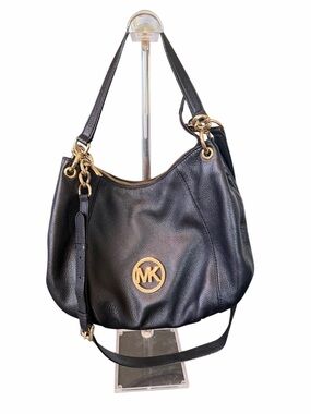 Michael Kors Fulton Black Pebbled Leather Large Shoulder Bag with Gold Hardware